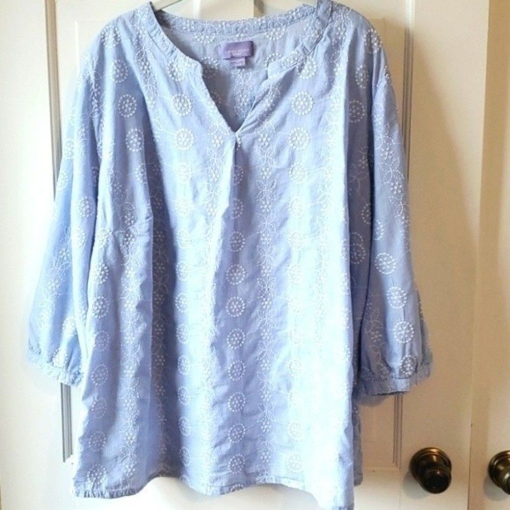 LAURA SCOTT WOMAN BLUE WHITE COTTON EMBROIDERED SPLIT NECK TOP TUNIC SIZ…